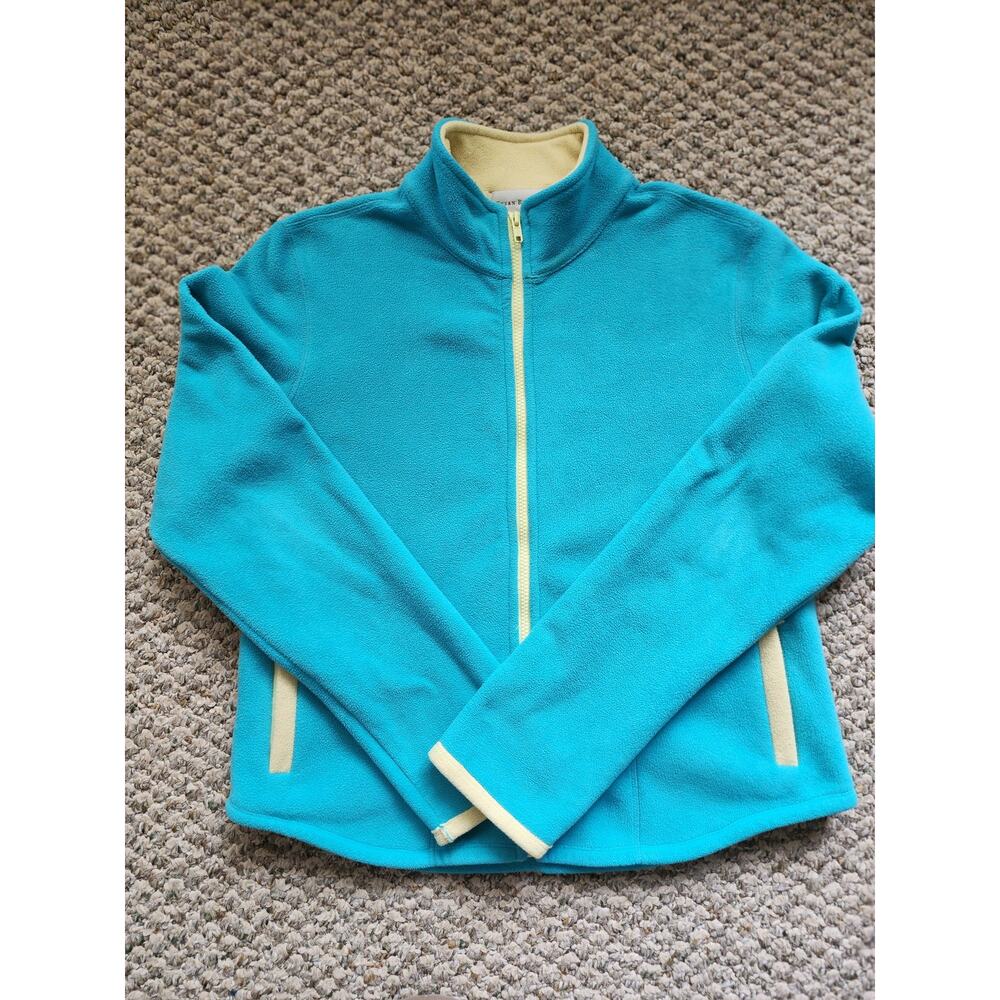 Susan Bristol Large Full Zip Turquoise Yellow Fleece Jacket  Scalloped Bottom